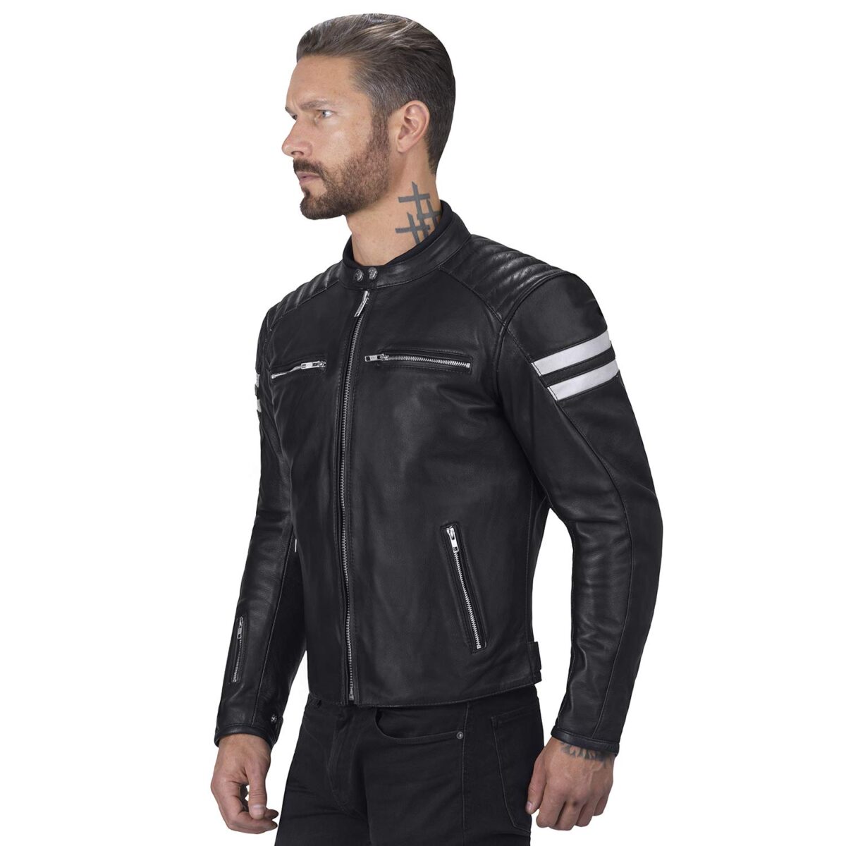 leather jacket with white stripes on sleeves
