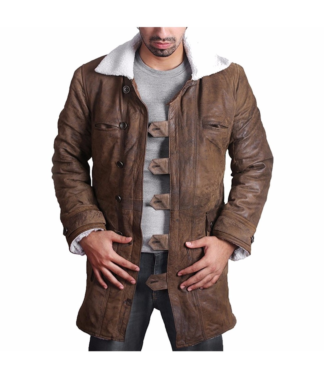 Abbigliamento Abbigliamento uomo Giacconi e cappotti Mens Leather Jacket with Faux Fur Bane Coat Dark Night Rises Men Distressed Brown Long Leather Coat Jacket 