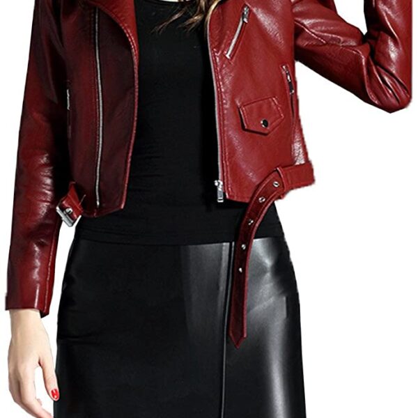 womens red leather short jacket